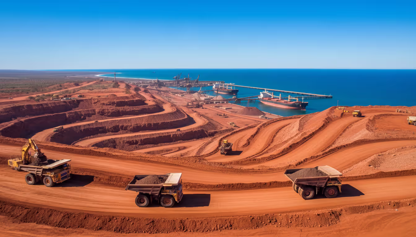 Massive open-pit iron ore mine in Australia with haul trucks red earth and bulk carrier ships loading at port in background