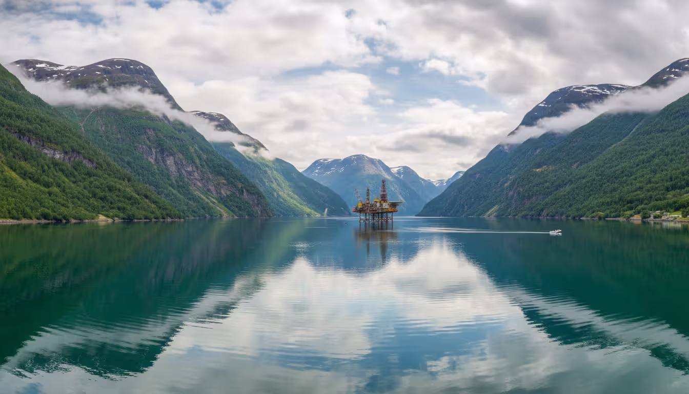 Norwegian fjord landscape with oil platform in distance surrounded by green mountains and reflective clear water Scandinavia