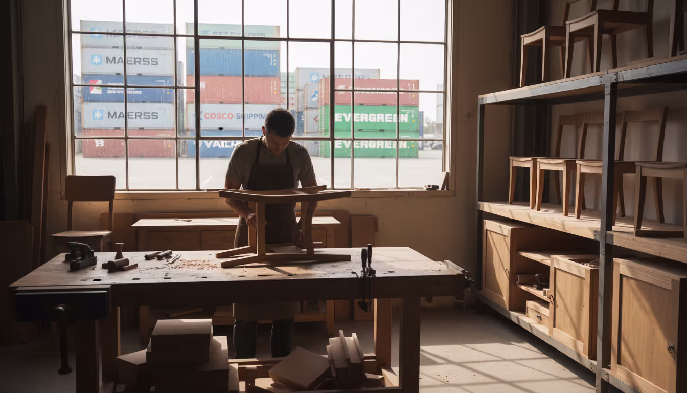 Furniture workshop craftsman working at a bench with shipping containers visible through the window representing import competition