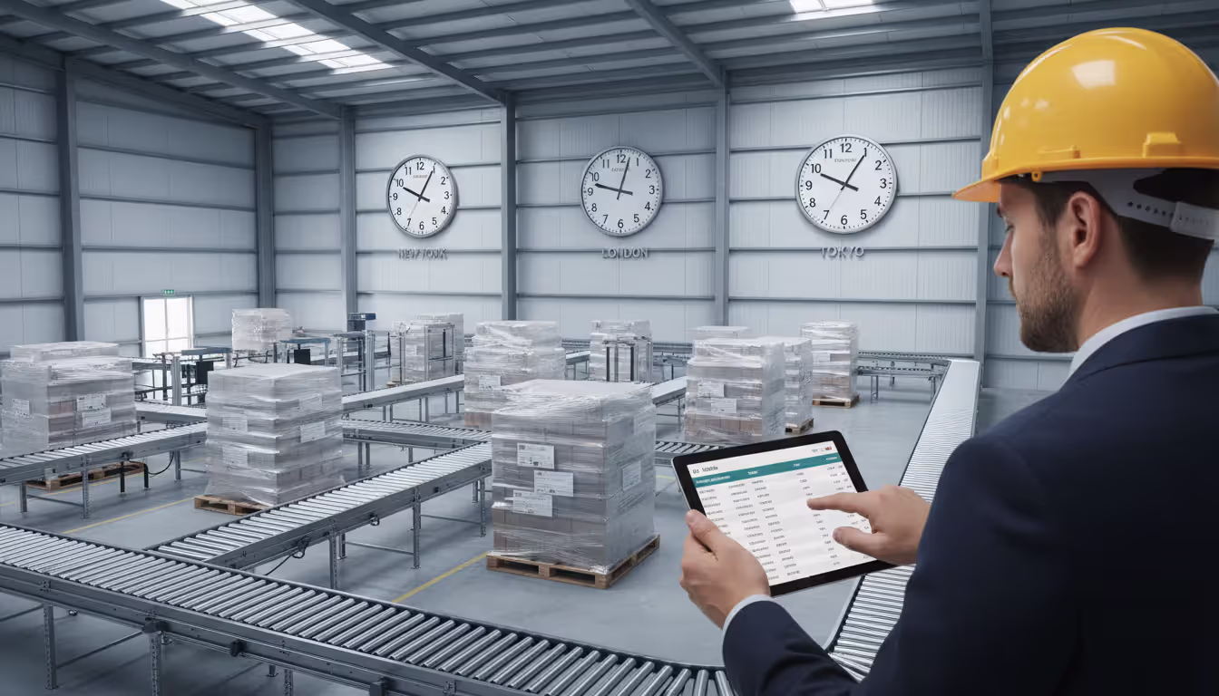 Warehouse manager reviewing supply data on a tablet with world time zone clocks on the wall representing international trade logistics