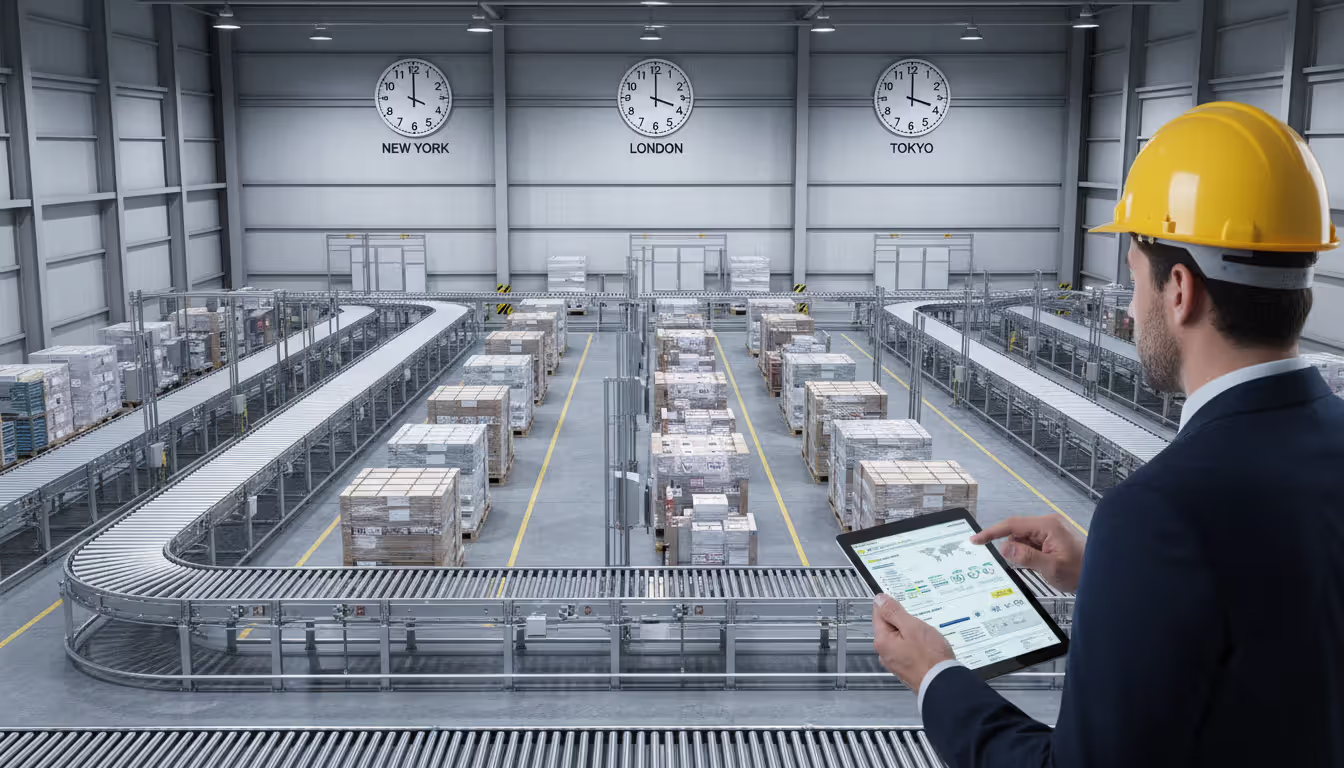 Top-down view of a financial analyst desk with dual monitors showing currency pair charts and a world map with global office locations marked