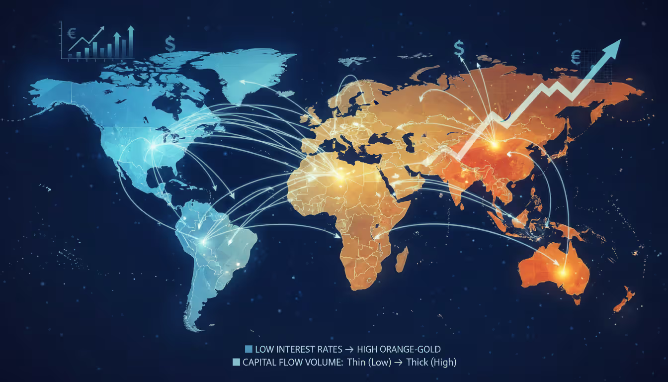 World map showing capital flow arrows moving from low-interest-rate countries in blue to high-interest-rate countries in warm gold tones illustrating interest rate differentials