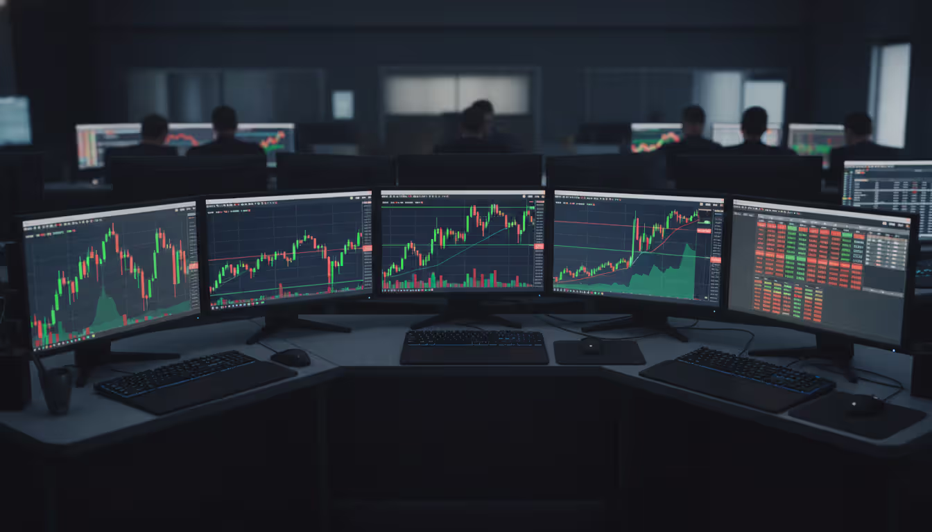 Professional trading desk with multiple monitors displaying candlestick charts of various currency pairs showing trending ranging and crisis movement patterns