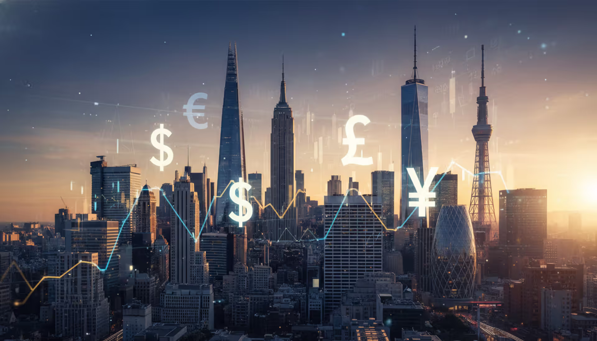 Global financial skyline with overlaid currency exchange rate charts and glowing currency symbols representing the 24-hour forex market
