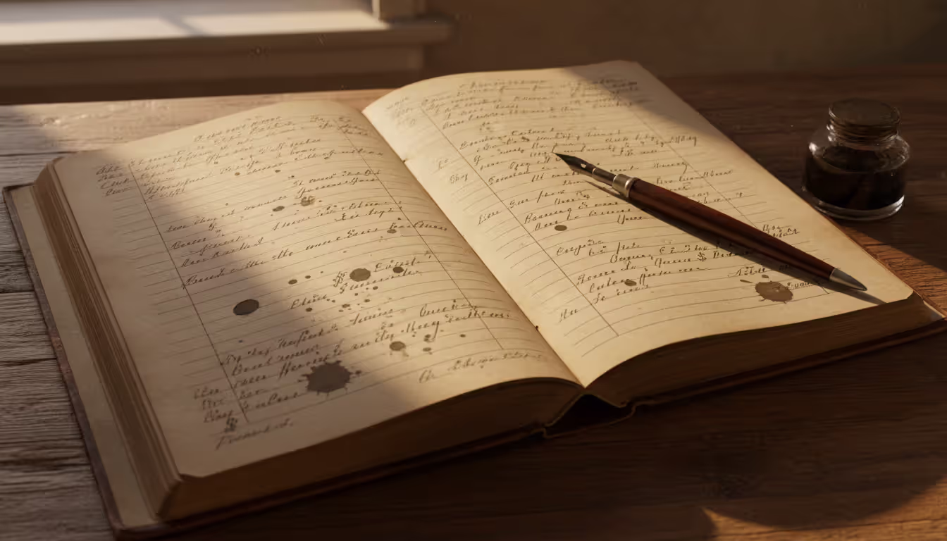 Antique open ledger book with handwritten currency symbols and ink pen on vintage desk