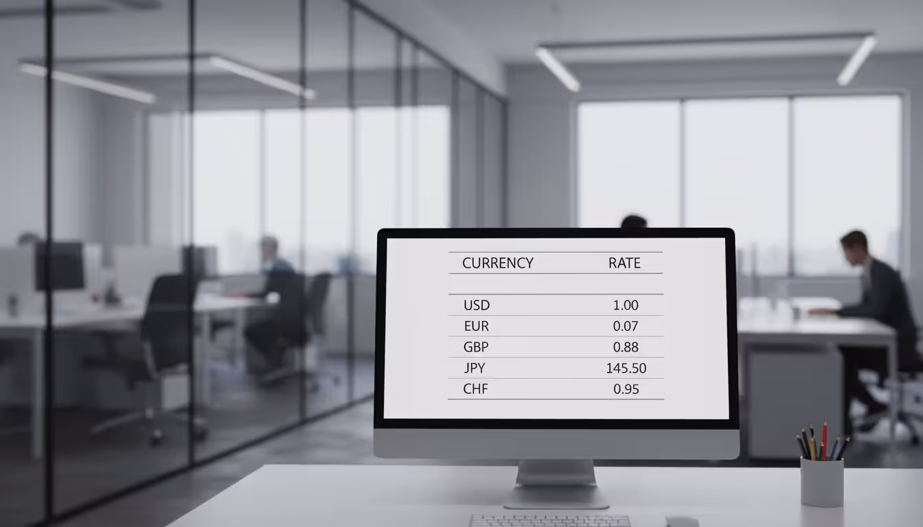 Modern office monitor displaying ISO currency codes and exchange rates in a professional setting