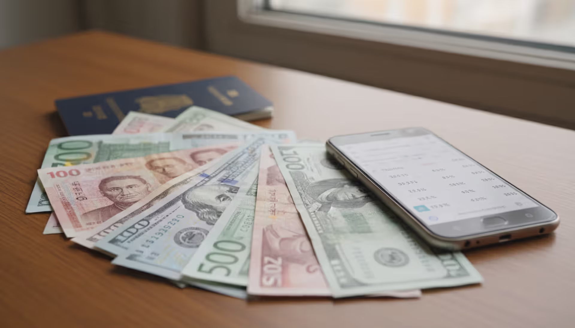 Various world currency banknotes including dollars euros pounds and yen spread on a wooden desk next to a passport and smartphone