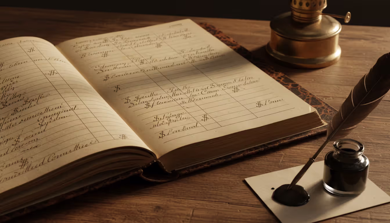 Close-up of an antique handwritten accounting ledger from the 1800s showing dollar signs with two vertical strokes next to a quill pen and inkwell