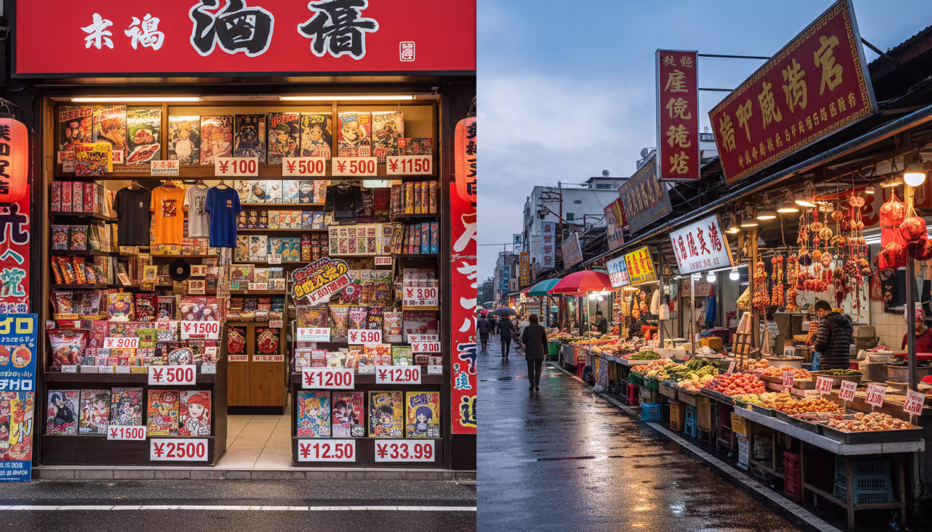 Split scene comparing Japanese storefront price tags showing yen symbol with whole numbers on left and Chinese market price tags showing yuan symbol with decimal amounts on right