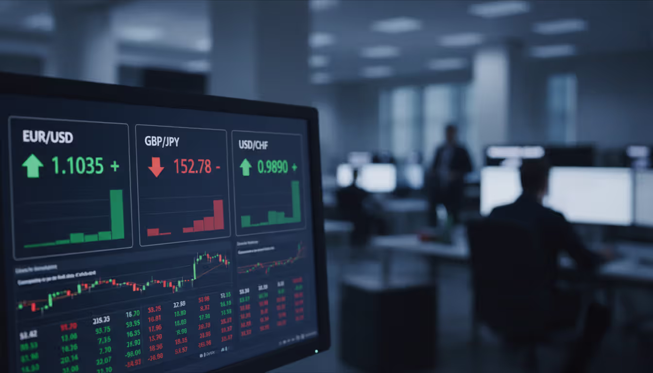 Trading terminal screen displaying forex currency pairs EUR USD GBP JPY USD CHF with green and red price movement indicators in a blurred trading floor office background