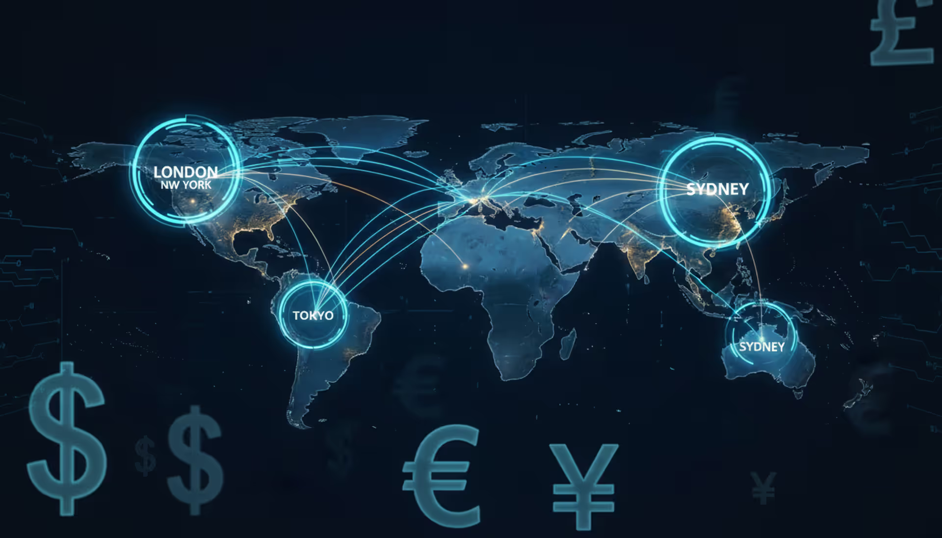 Global forex market concept with world map showing illuminated financial centers connected by glowing currency flow lines with dollar euro pound and yen symbols