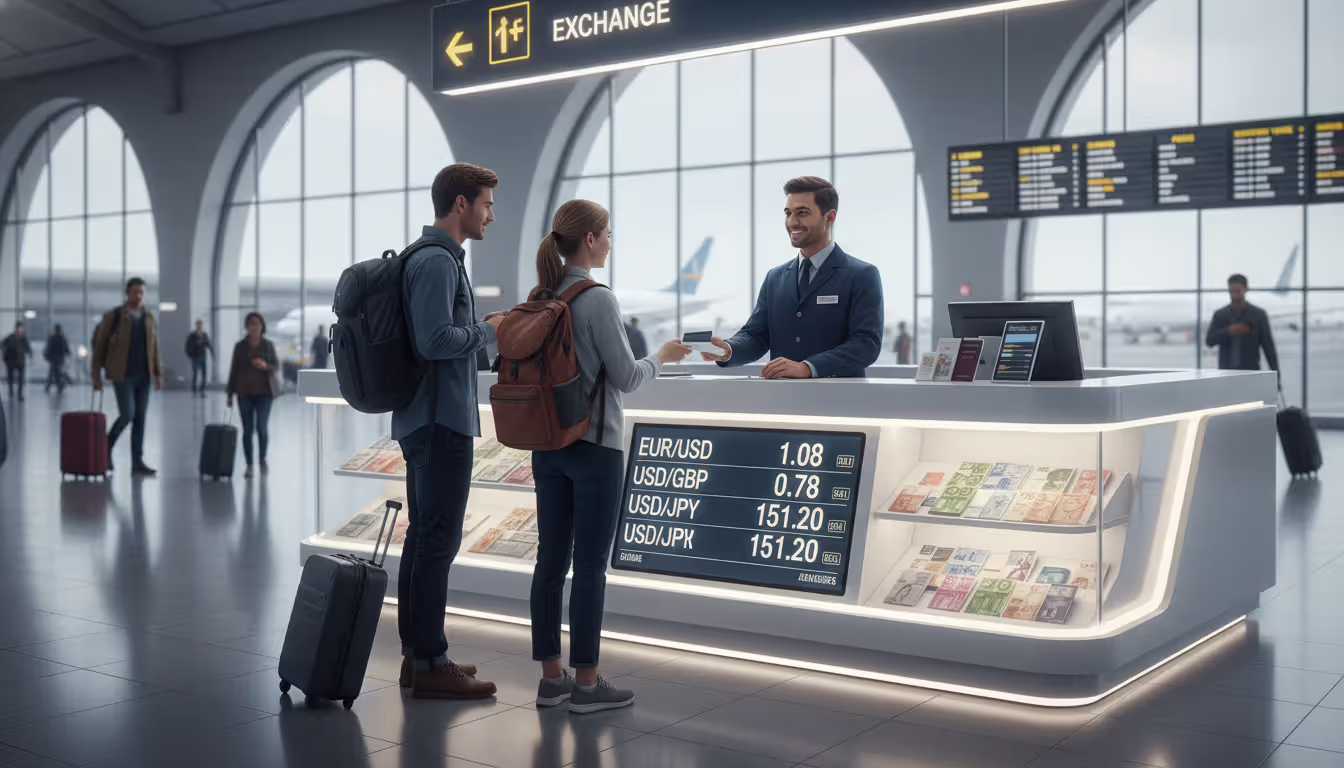 Travelers at an airport currency exchange counter with electronic rate display showing multiple currency pairs