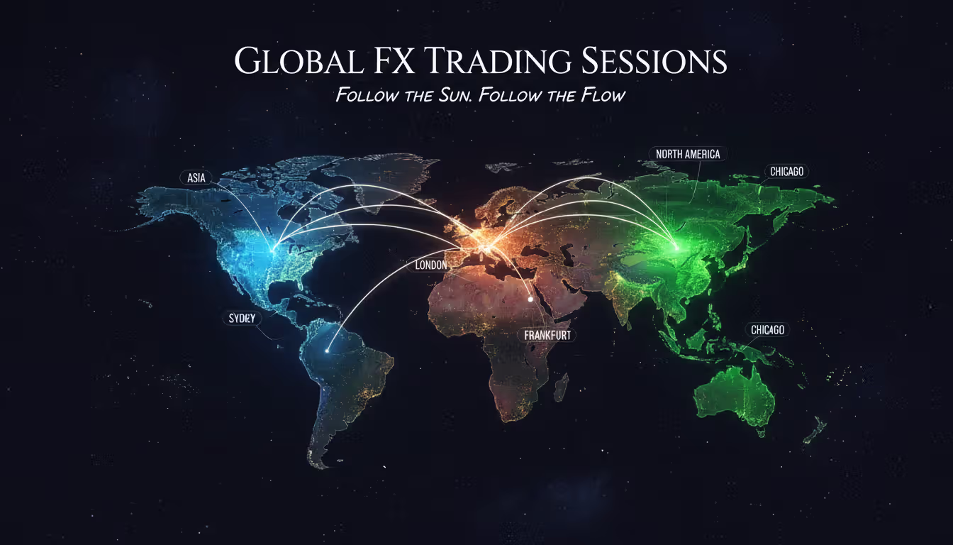 World map highlighting three major FX trading sessions in Asia, Europe, and North America connected by glowing lines showing westward trading flow