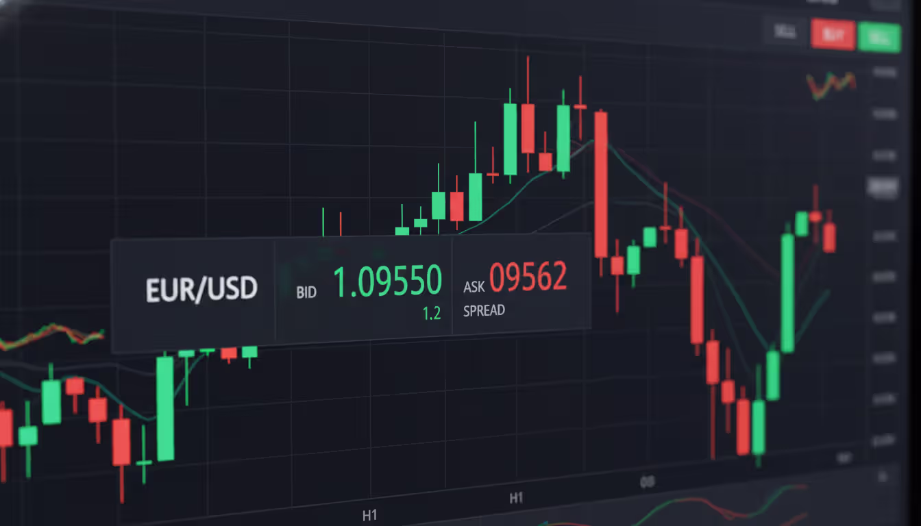 Close-up of a trading platform screen showing EUR/USD currency pair quote with bid and ask prices, spread value, and candlestick chart