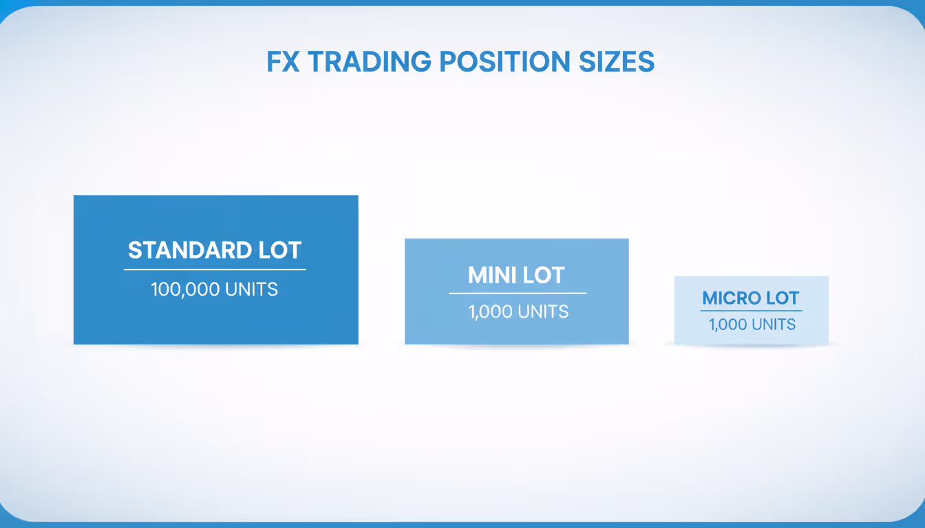 Infographic showing three FX position sizes as blocks of different proportions representing standard lot, mini lot, and micro lot with numerical values