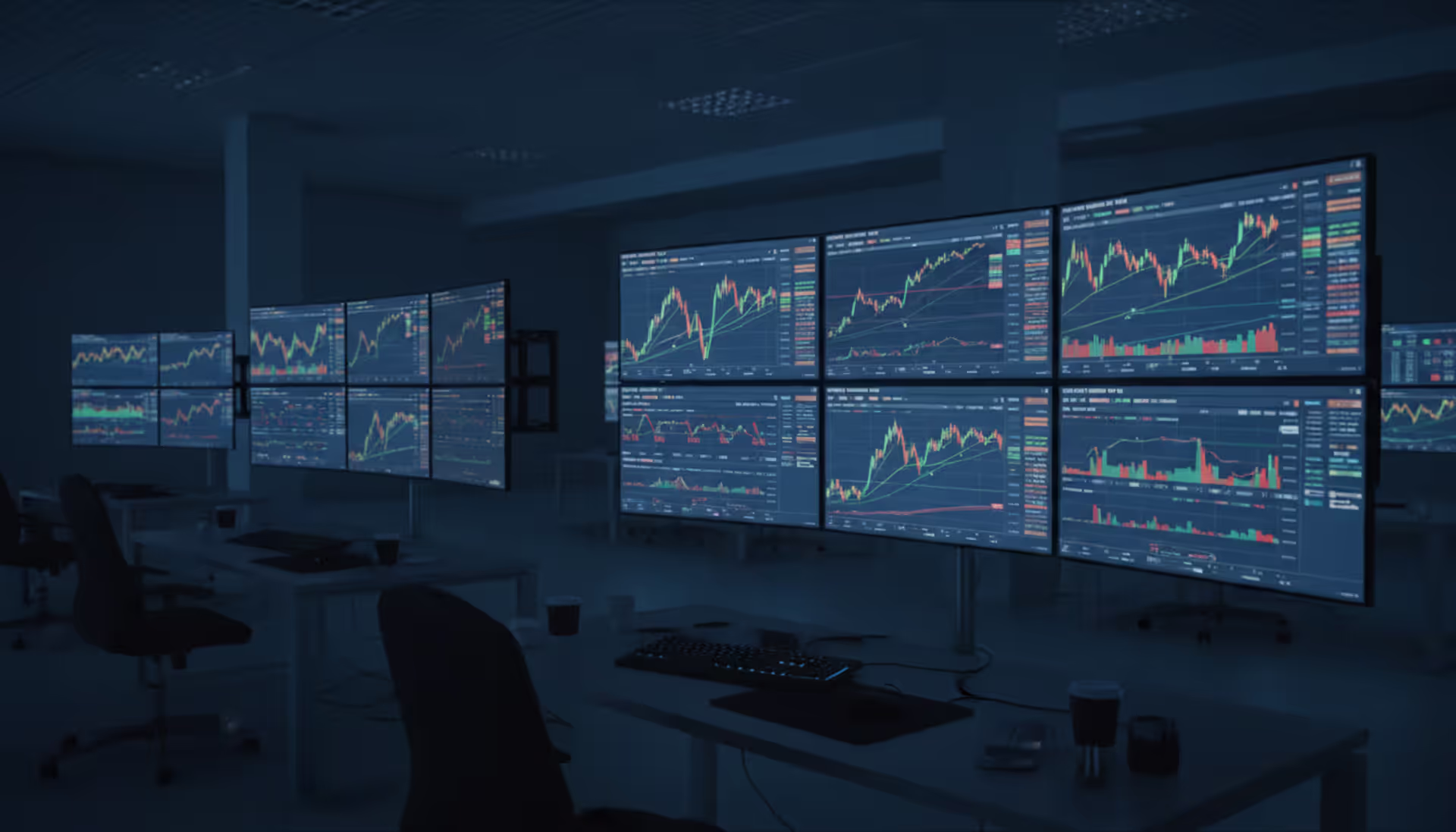 Panoramic view of multiple trading screens displaying currency pair charts in a modern trading floor with blue ambient lighting