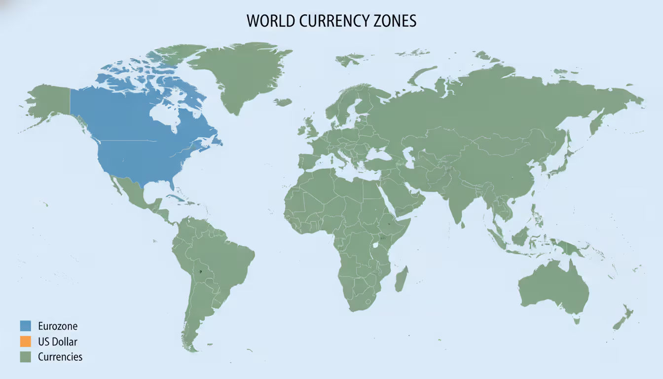 World map infographic showing global currency zones with different colors for eurozone, US dollar users, and independent currencies
