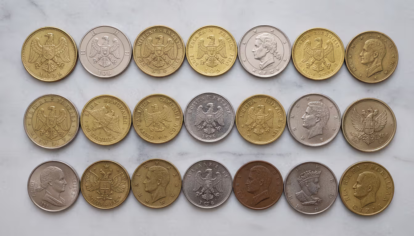 Collection of various coins from different countries arranged on a light marble surface showing diverse designs and metals