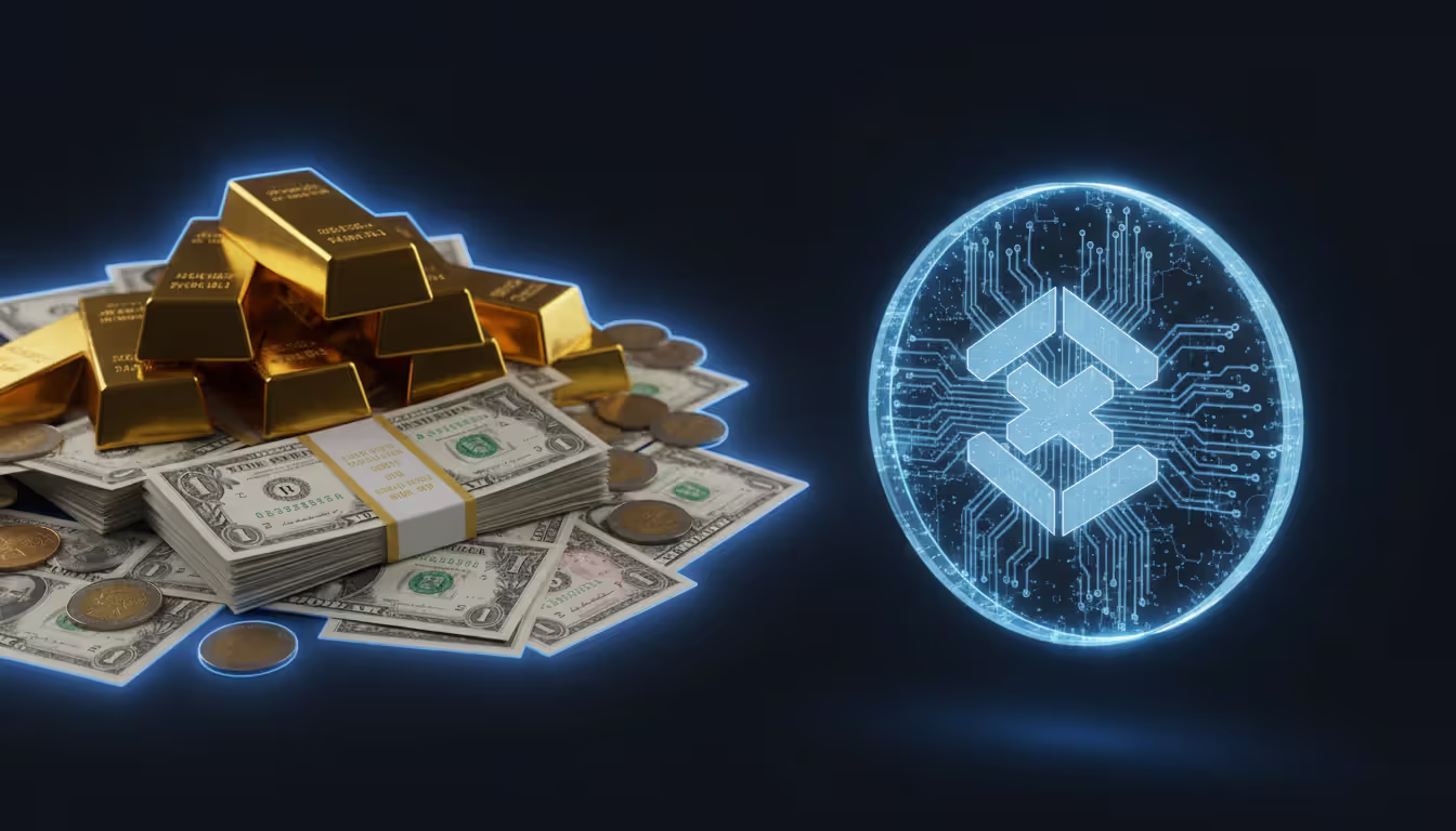 Visual contrast between traditional money with gold bars and paper banknotes on one side and a glowing digital currency hologram symbol on the other against a dark background