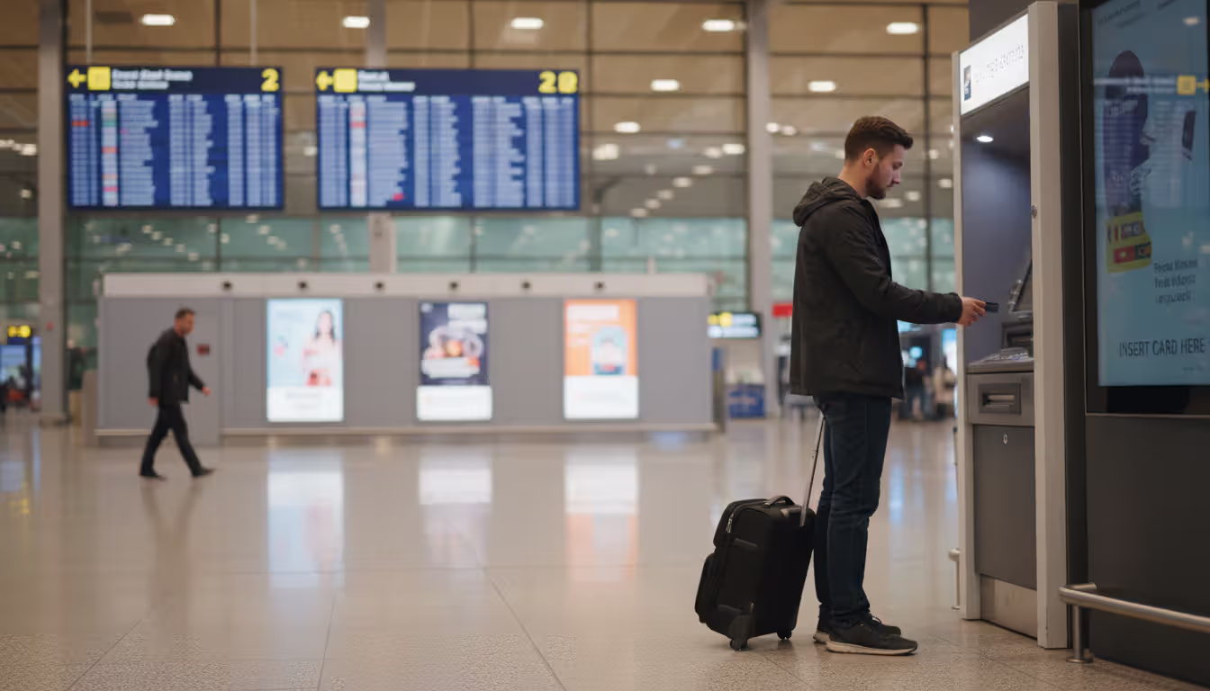 Traveler using an ATM machine in a modern international airport terminal with departure boards blurred in the background and a carry-on suitcase nearby