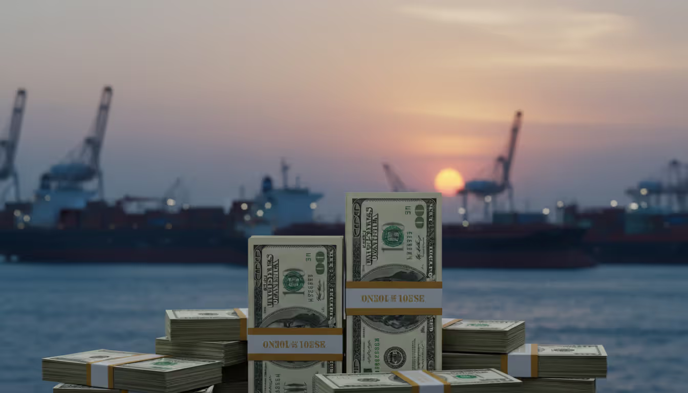 Close-up of US dollar banknotes stacked in foreground with blurred oil tankers and container ships in a seaport in the background, symbolizing global trade dominance