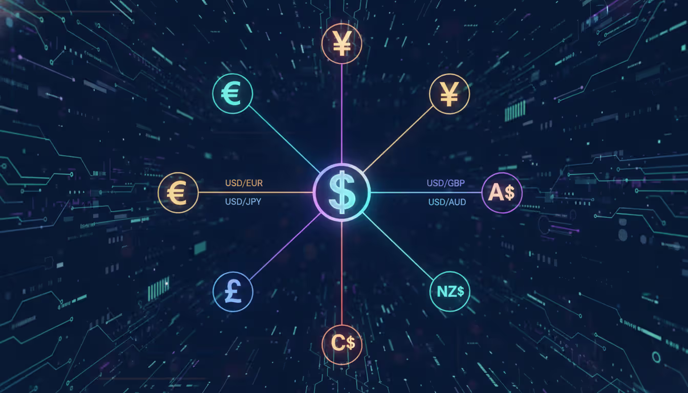 Abstract digital infographic showing seven glowing connection lines between the US dollar symbol at the center and six other major currency symbols — euro, yen, pound, franc, Australian dollar, Canadian dollar, and New Zealand dollar — on a dark blue background