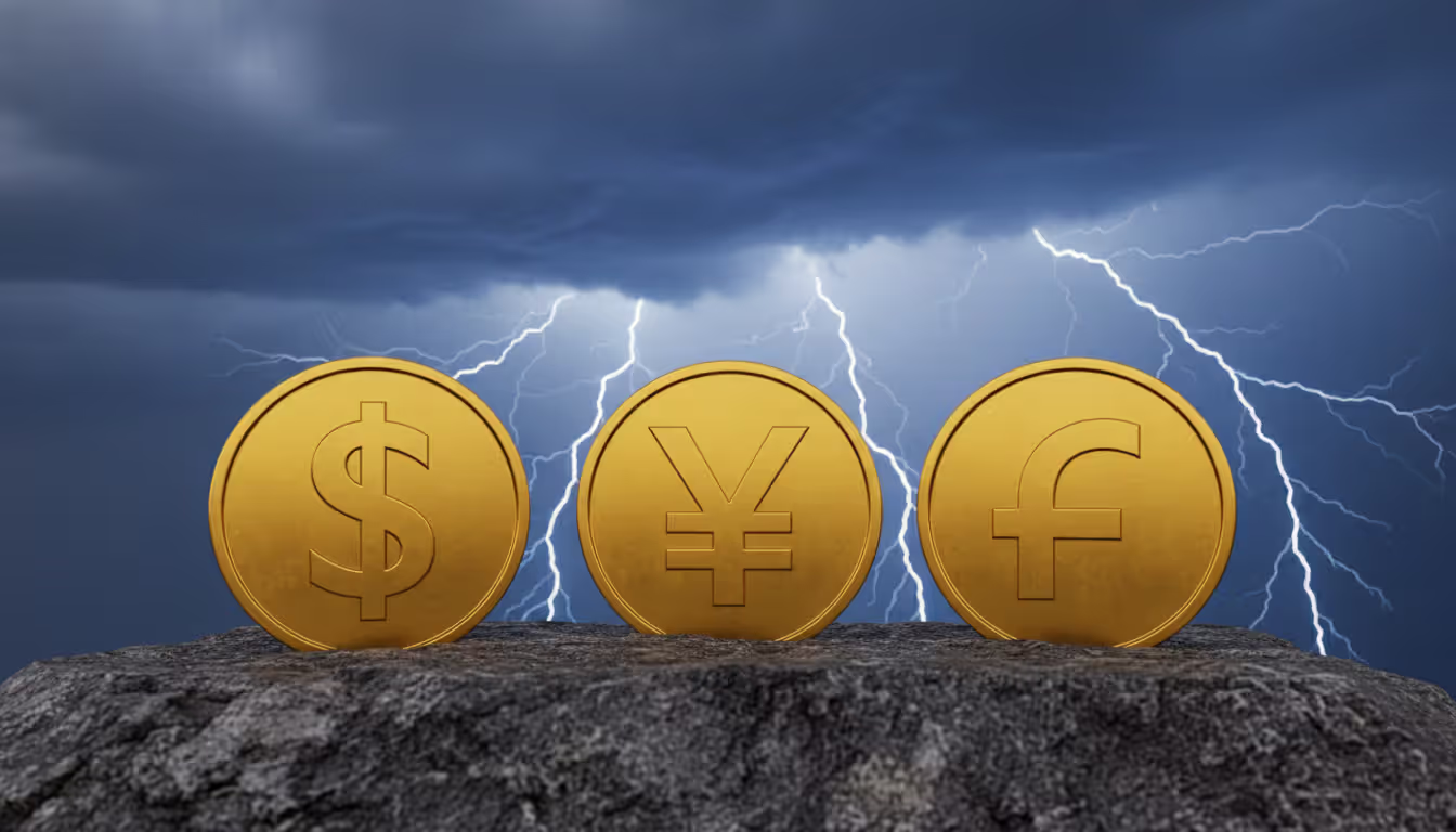 Three golden coins with dollar, yen, and Swiss franc symbols standing on a stone foundation against a stormy sky with dark clouds and lightning, representing safe haven currencies during market crisis