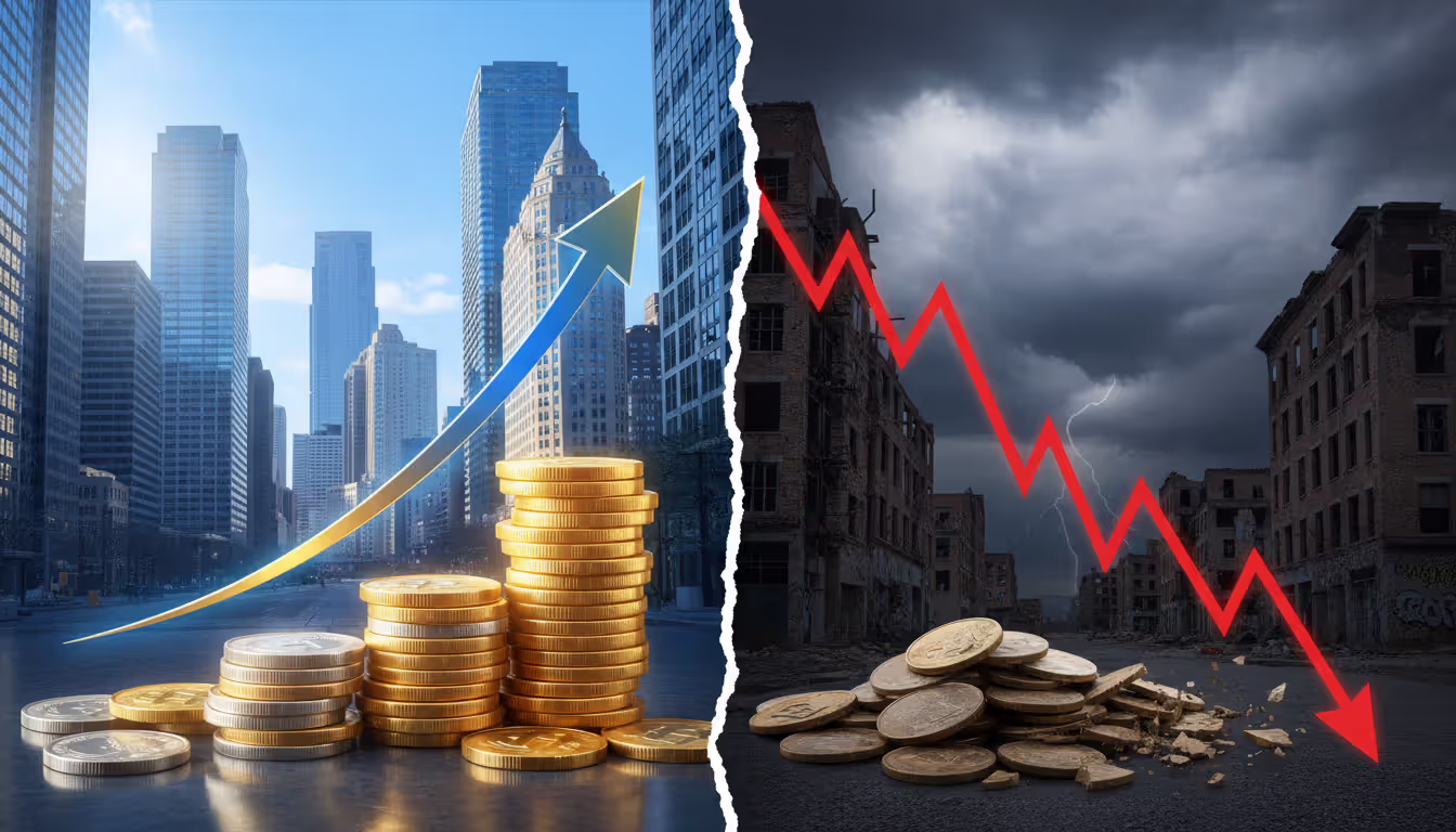 Split image contrasting hard and soft currencies: left side shows a bright financial district with a rising chart and shiny coins, right side shows deteriorating buildings with a crashing chart and crumbling dull coins