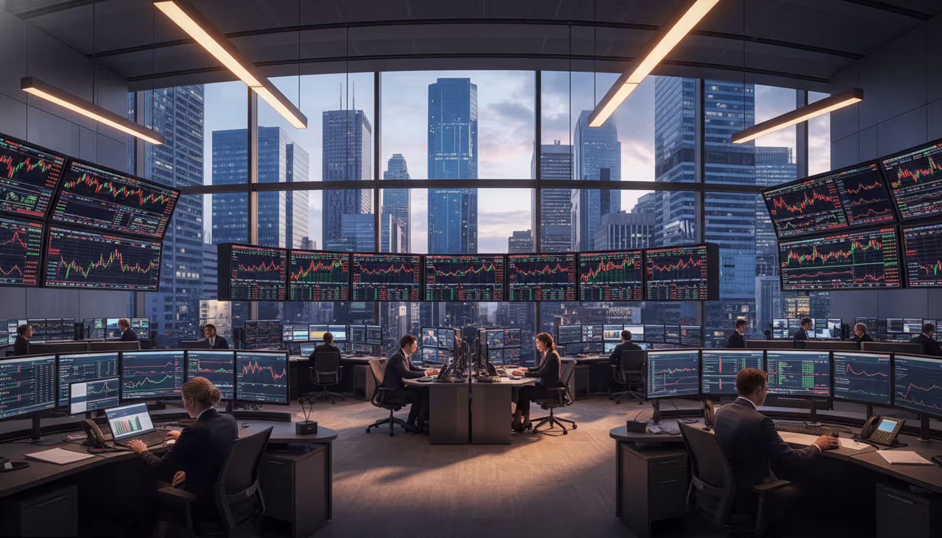 Panoramic view of a modern forex trading floor with multiple large screens showing currency charts, traders at workstations, and a financial district skyline visible through panoramic windows