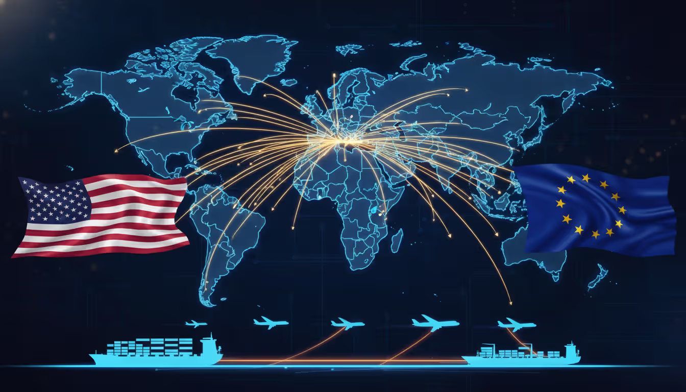 World map highlighting USA and Eurozone with glowing trade flow lines connecting both regions, EU and US flags, cargo ships and planes silhouettes representing bilateral commerce