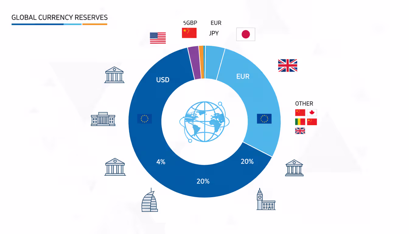 Infographic pie chart showing global foreign exchange reserves composition with US dollar as largest segment, euro as second, surrounded by central bank icons and a globe symbol in the center