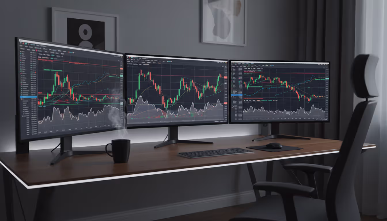 Forex trader sitting at a desk with three monitors showing sharp candlestick chart spikes in a modern dimly lit home office