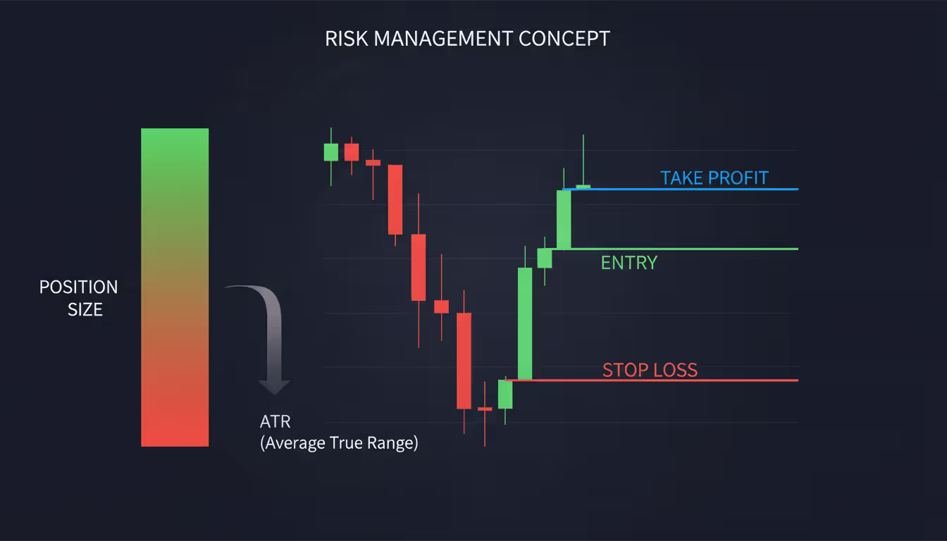 Trading chart showing entry stop-loss and take-profit levels with colored horizontal lines and a position size scale decreasing as ATR increases on a dark background