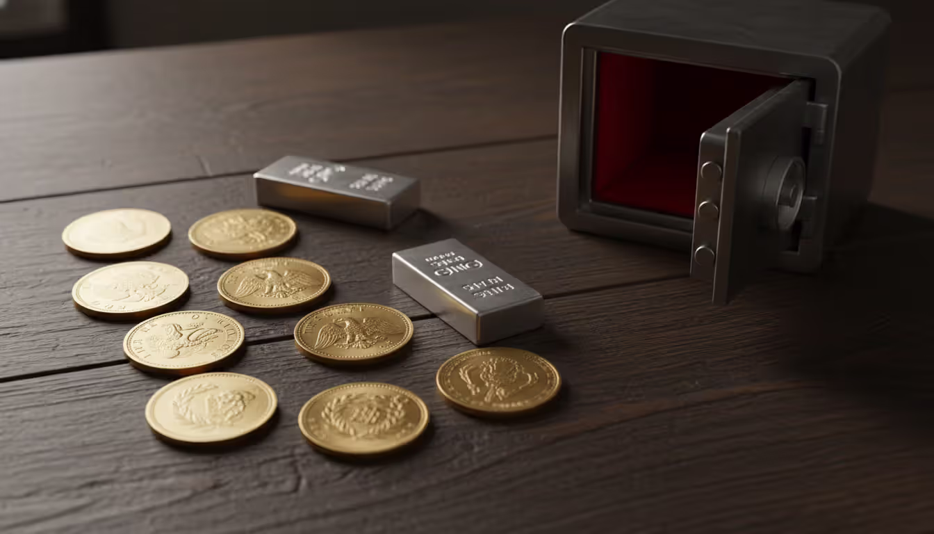 Close-up of gold coins and silver bars arranged on a dark wooden surface next to a small open metal safe with warm side lighting