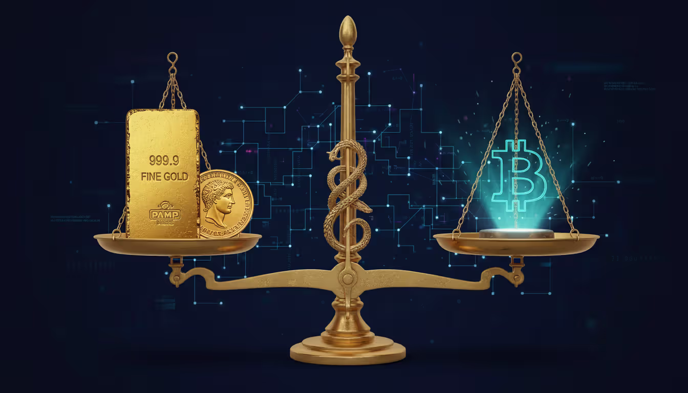 Person standing at a crossroads with multiple paths leading to golden mountains, city skyline with skyscrapers, green commodity fields, and a digital tunnel representing different investment asset classes