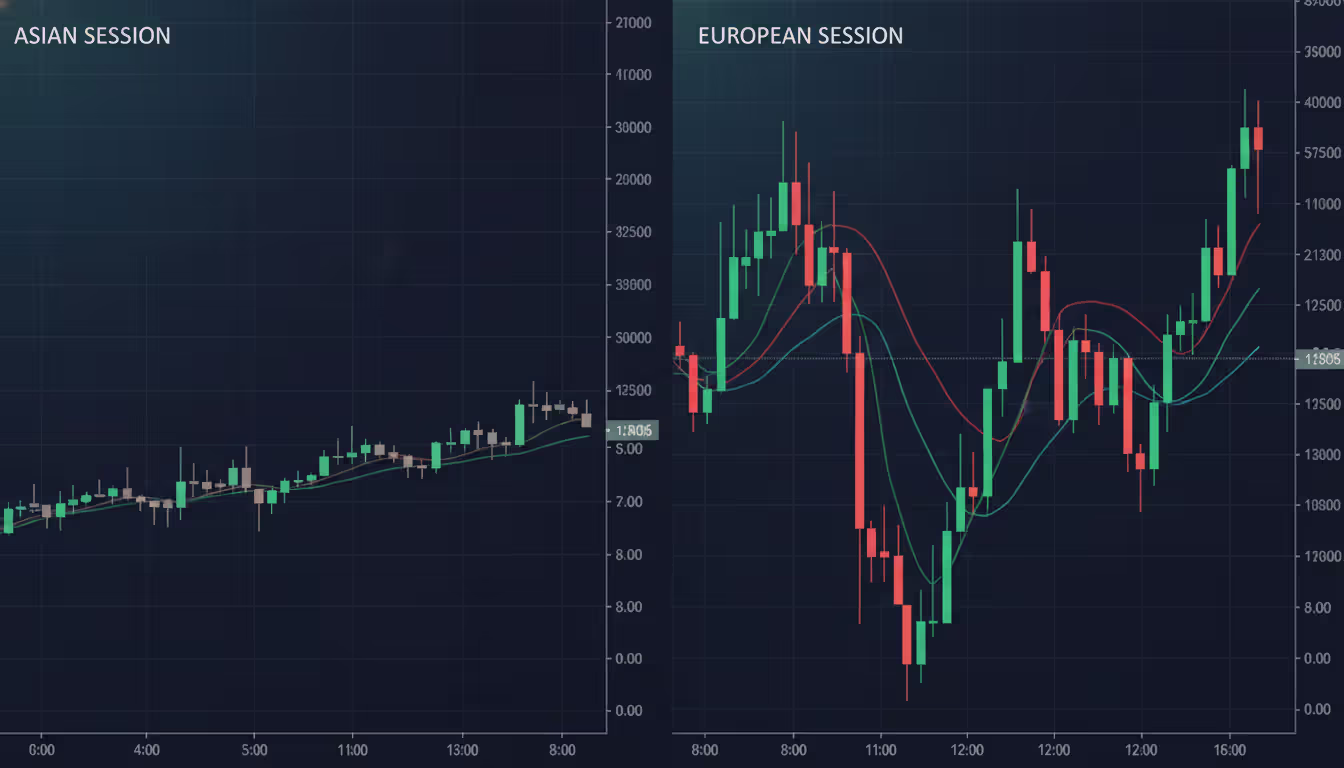 Side-by-side candlestick charts comparing low volatility Asian session with high volatility European session price action