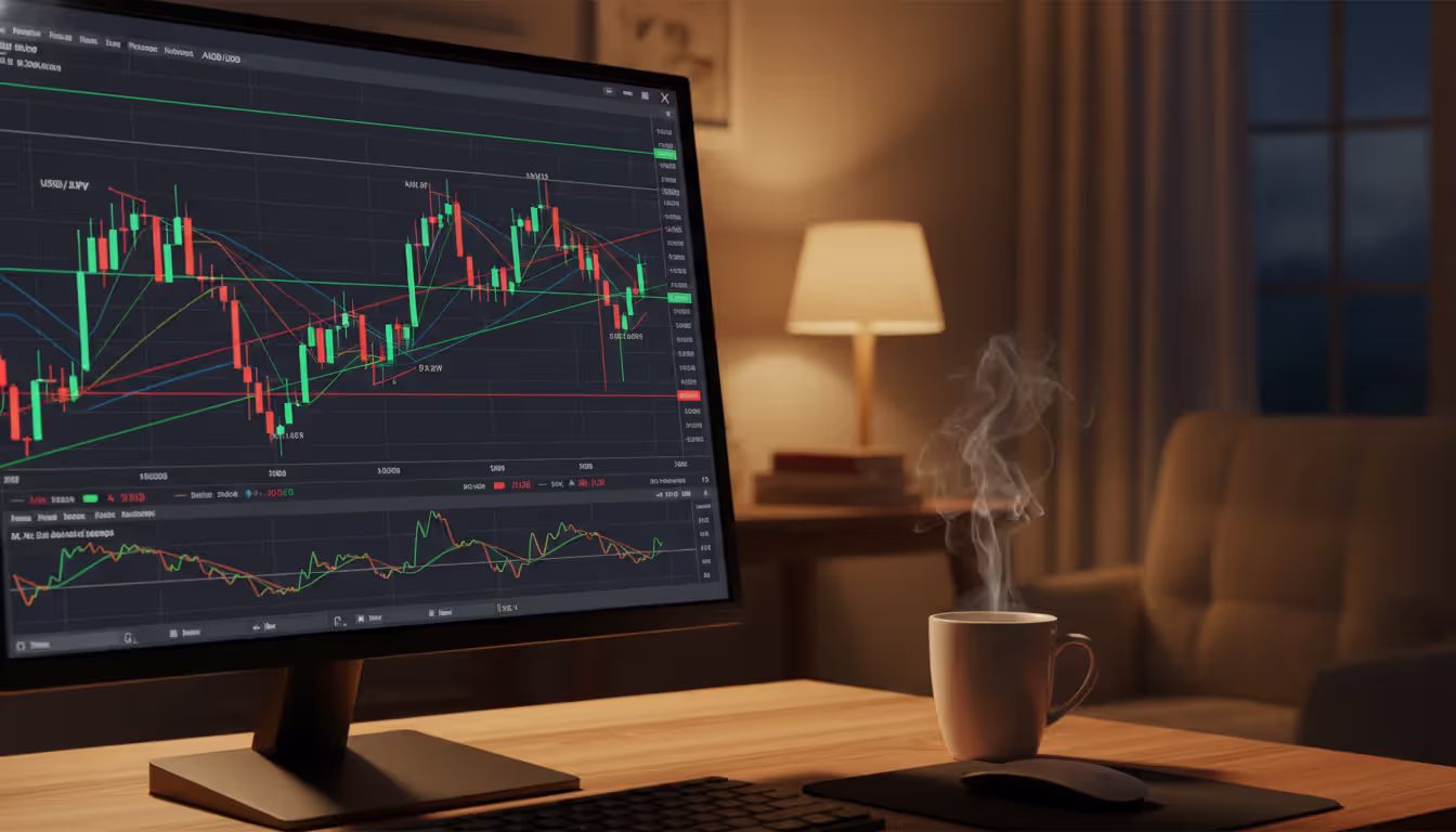 Trading terminal screen displaying USD/JPY and AUD/USD charts with support and resistance levels in a night home office setup