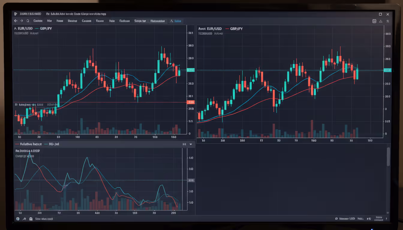 Trading platform screen displaying multiple forex charts with moving average crossover indicators and RSI panel