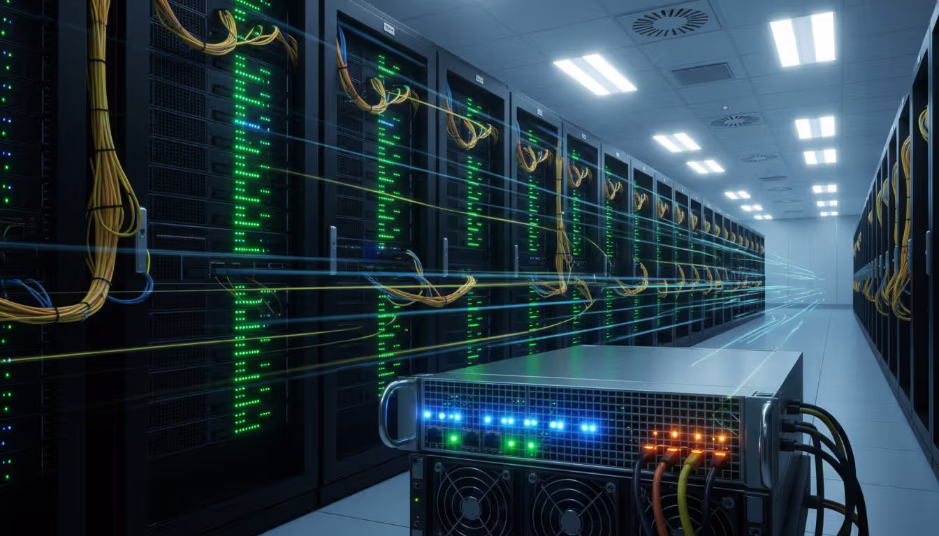 Data center server room with rows of illuminated server racks and fiber optic cables used for low-latency trading infrastructure