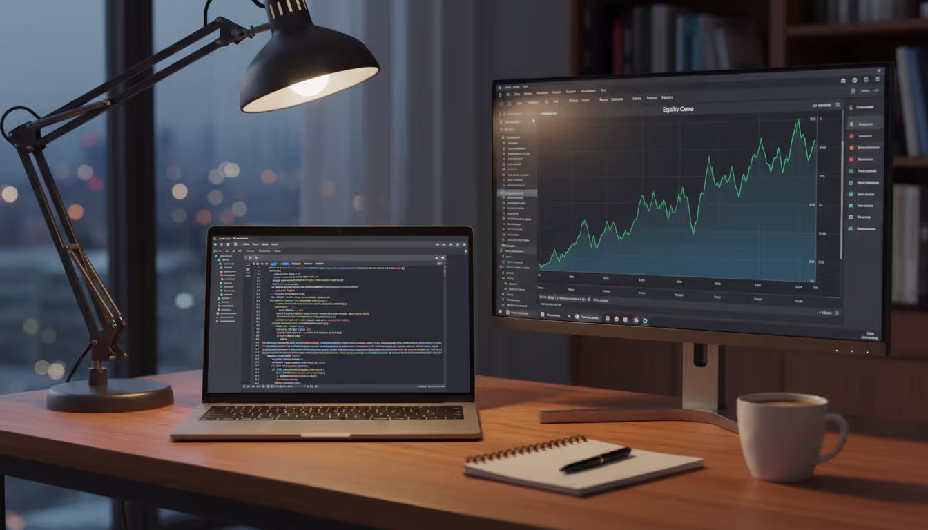 Developer workspace with laptop showing programming code and second monitor displaying equity curve chart for backtesting forex algorithm