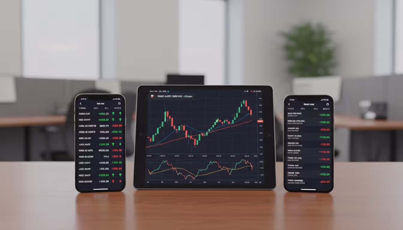 Smartphone and tablet screens showing real-time forex trade notifications and open position monitoring dashboard