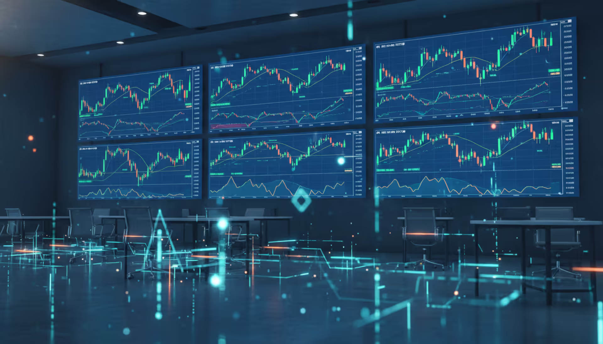 Dark modern trading room with multiple monitors showing forex candlestick charts and digital data streams symbolizing algorithmic trading