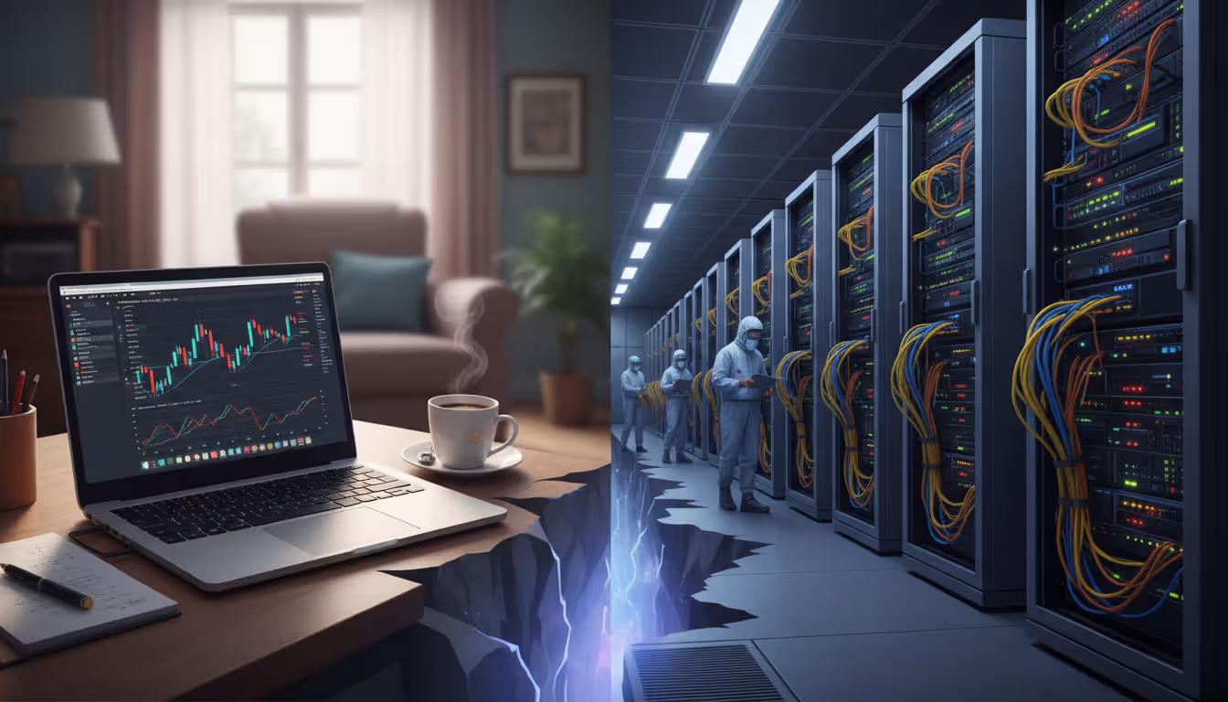 Split comparison illustration showing modest retail trader home desk setup versus massive institutional data center highlighting the technology gap in forex arbitrage