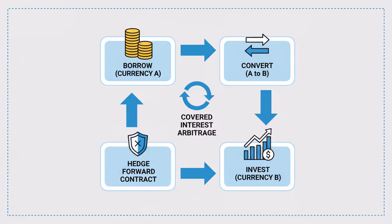 Infographic diagram showing four-step covered interest arbitrage cycle with currency borrowing, conversion, investment, and forward contract hedging
