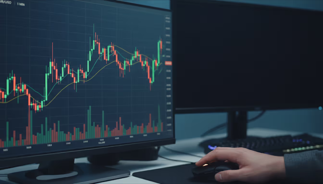 Close-up of monitor screen showing 1-minute candlestick chart with volume indicator, trader hand on mouse ready to execute a fast scalping trade