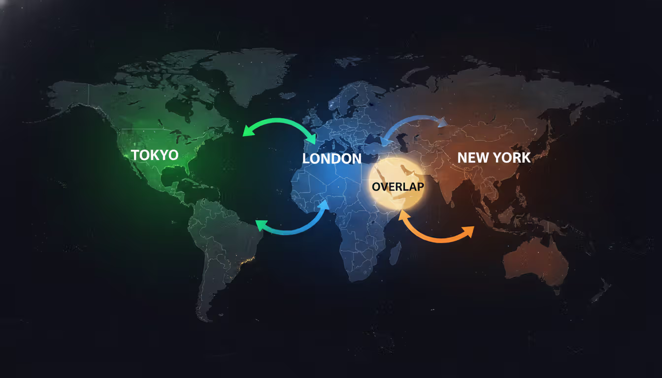 World map highlighting three major forex trading sessions Tokyo London and New York with colored overlap zone between London and New York sessions