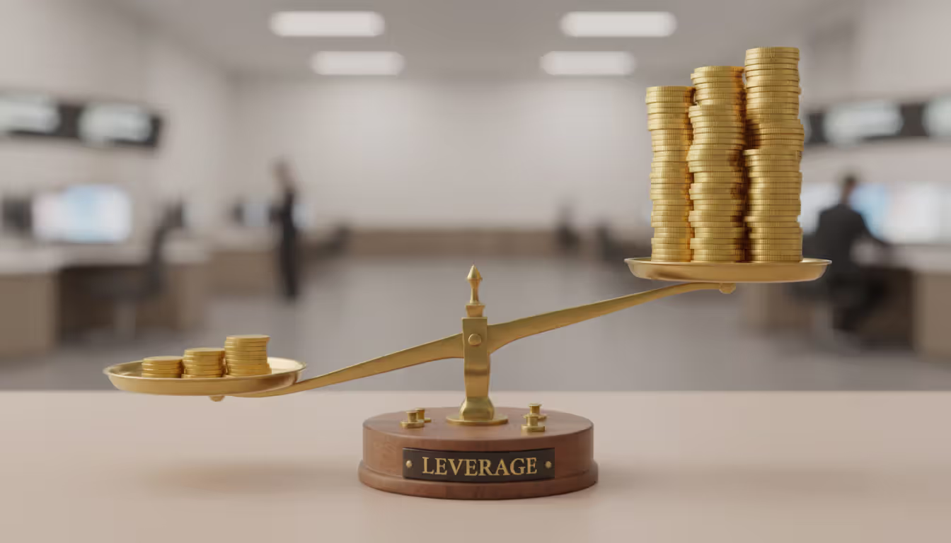 Small stack of gold coins on one side of a lever lifting a much larger stack of coins illustrating the concept of financial leverage