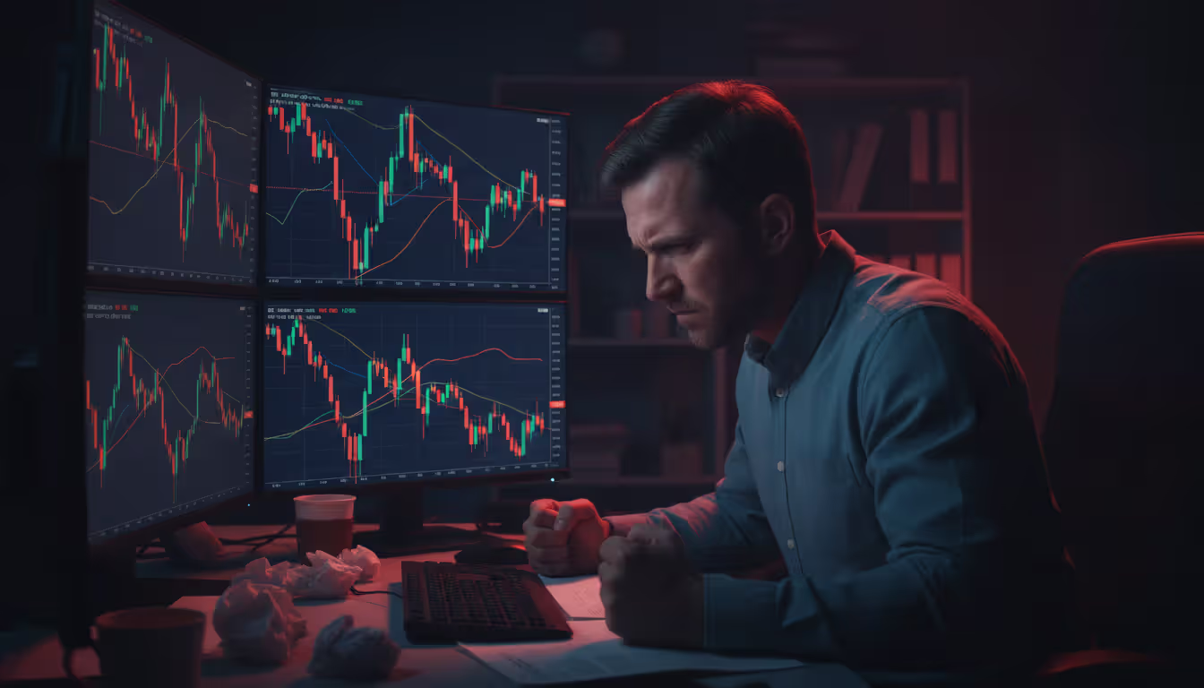 Stressed trader sitting in front of multiple monitors displaying sharply declining forex charts with large red candlesticks in a dark room