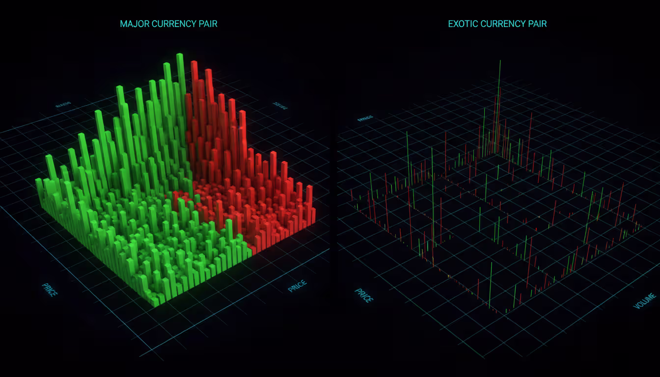 Side-by-side order book depth comparison showing deep liquidity of major forex pair versus thin liquidity of exotic currency pair