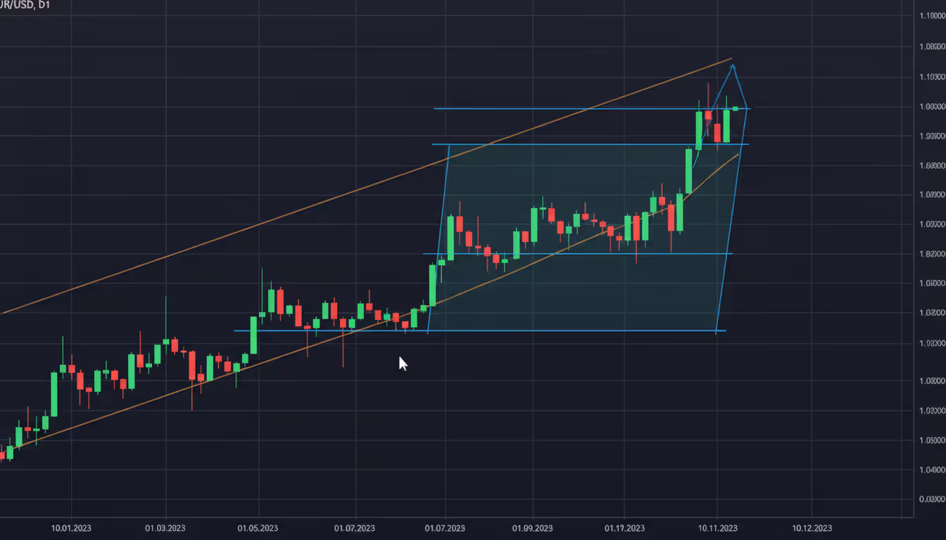 EUR/USD daily candlestick chart showing medium-term downtrend followed by reversal with support resistance lines and moving average